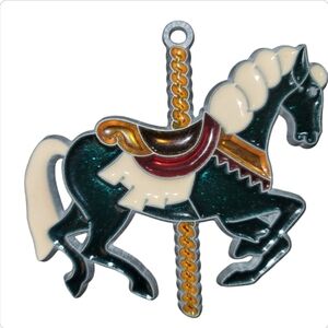 Vntg Handmade Stained Glass Green Carousel Horse White Mane Suncatcher Ornament